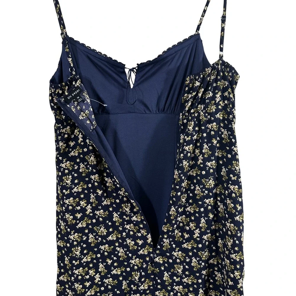 Blu Pepper Navy Blue Floral Lace‎ Trim Maxi Dress Sweetheart Neck Women's M Boho - Picture 8 of 12